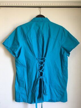 MXM Y2K 90s Vibe Aqua Long Button Down Utility Coquette CorsetStyle Tie Back Top